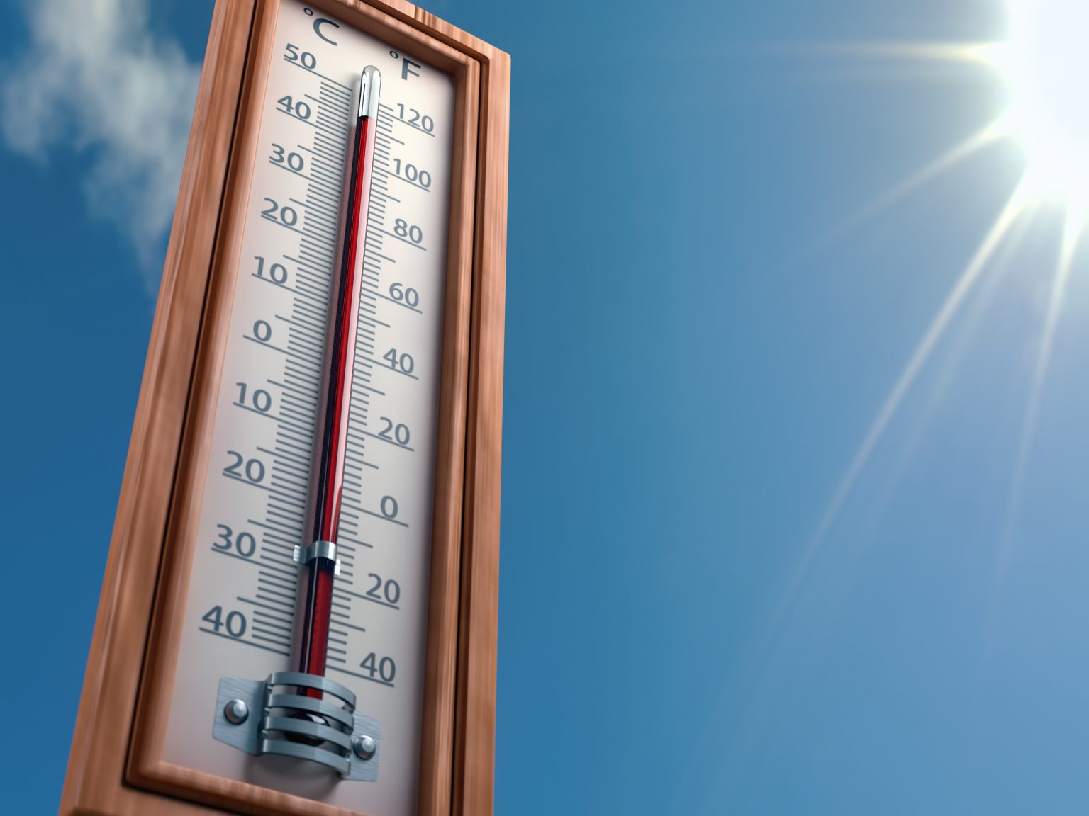Outdoor thermometer indicating extreme high temperature